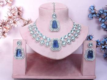 Blue rhodium premium designer american diamond and stone work necklace set 1
