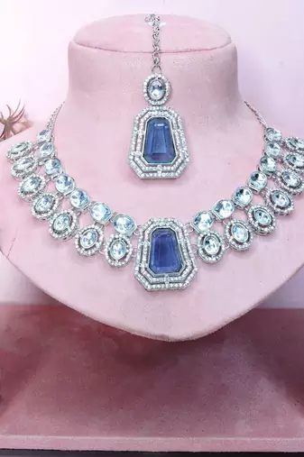 Blue rhodium premium designer american diamond and stone work necklace set