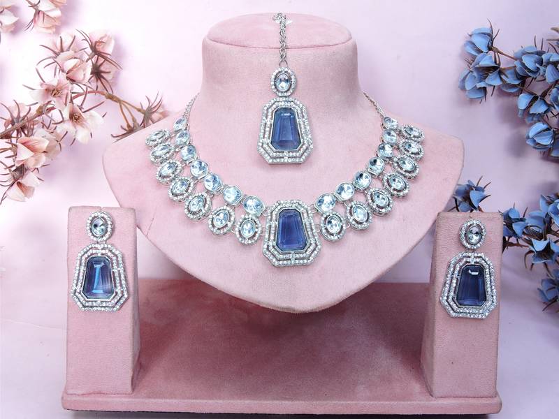 Blue rhodium premium designer american diamond and stone work necklace set
