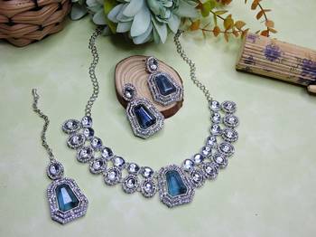 Blue rhodium premium designer american diamond and stone work necklace set 2
