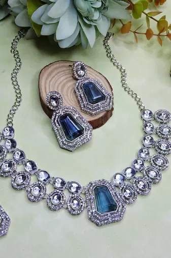 Blue rhodium premium designer american diamond and stone work necklace set
