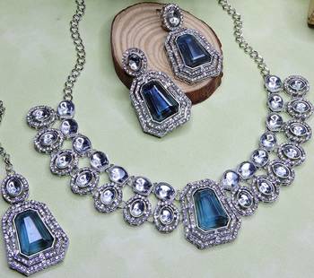 Blue rhodium premium designer american diamond and stone work necklace set 3