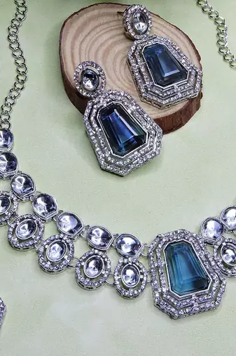 Blue rhodium premium designer american diamond and stone work necklace set