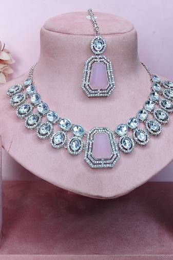 Pink rhodium premium designer american diamond and stone work necklace set