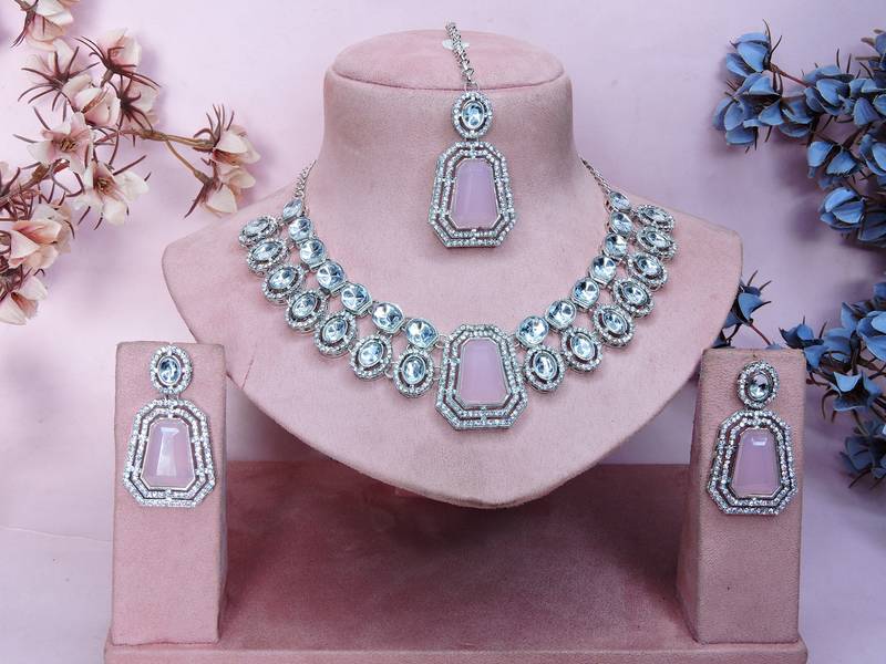 Pink rhodium premium designer american diamond and stone work necklace set