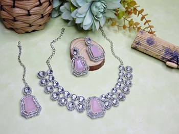 Pink rhodium premium designer american diamond and stone work necklace set 2