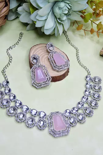 Pink rhodium premium designer american diamond and stone work necklace set