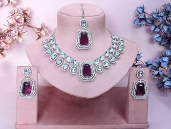 Purple rhodium premium designer american diamond and stone work necklace set 1