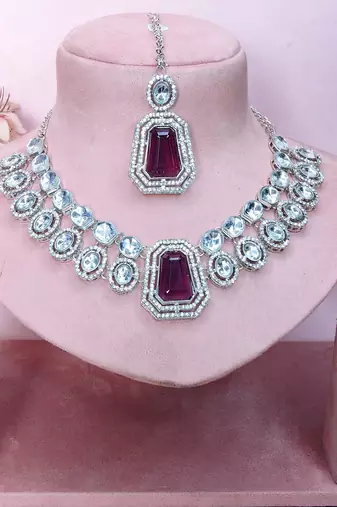 Purple rhodium premium designer american diamond and stone work necklace set