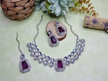 Purple rhodium premium designer american diamond and stone work necklace set 2