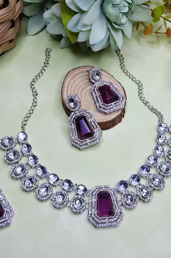 Purple rhodium premium designer american diamond and stone work necklace set