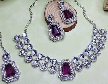 Purple rhodium premium designer american diamond and stone work necklace set 3