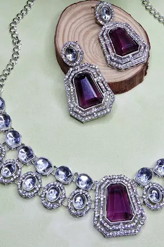 Purple rhodium premium designer american diamond and stone work necklace set