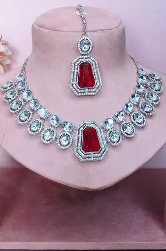 Pink rhodium premium designer american diamond and stone work necklace set