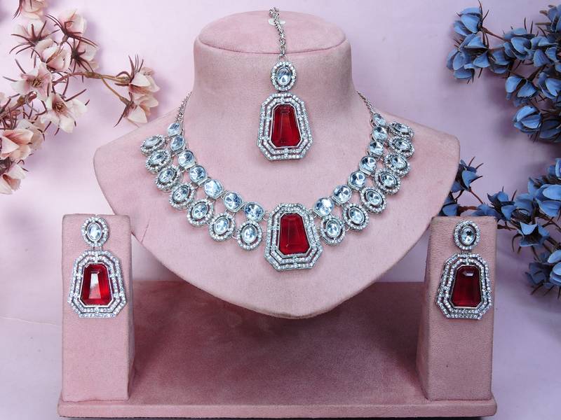 Pink rhodium premium designer american diamond and stone work necklace set