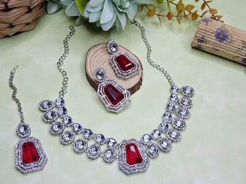 Pink rhodium premium designer american diamond and stone work necklace set 2
