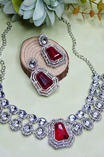 Pink rhodium premium designer american diamond and stone work necklace set