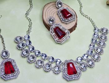 Pink rhodium premium designer american diamond and stone work necklace set 3