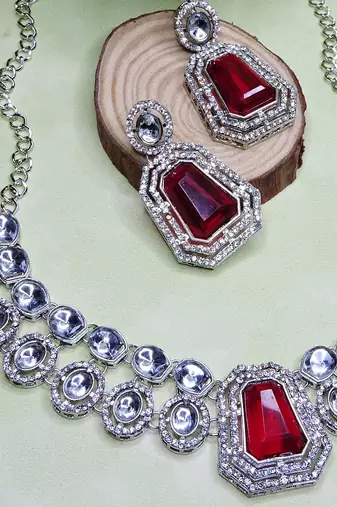Pink rhodium premium designer american diamond and stone work necklace set