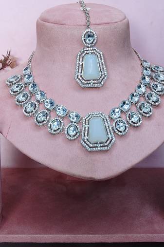 White rhodium premium designer american diamond and stone work necklace set