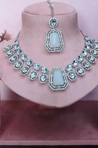 White rhodium premium designer american diamond and stone work necklace set