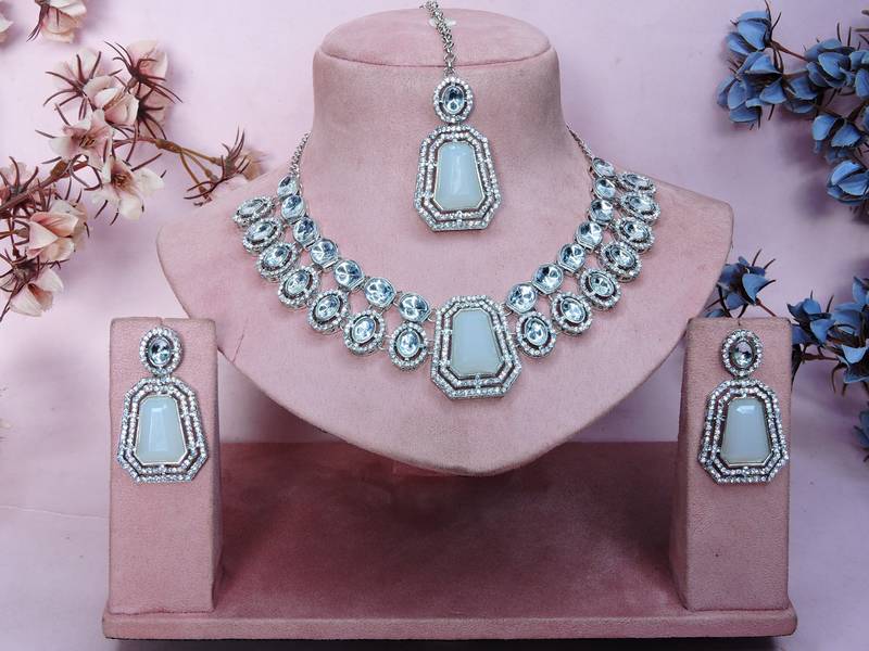 White rhodium premium designer american diamond and stone work necklace set