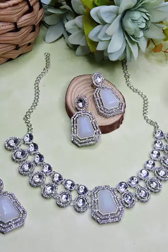 White rhodium premium designer american diamond and stone work necklace set