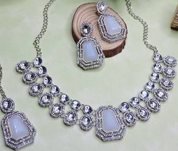 White rhodium premium designer american diamond and stone work necklace set 3