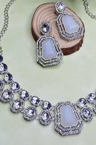 White rhodium premium designer american diamond and stone work necklace set