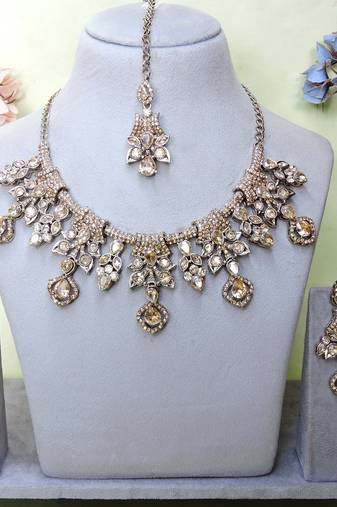 Gold yellow gold premium designer american diamond and stone work necklace set