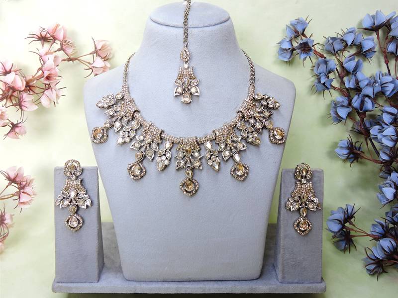 Gold yellow gold premium designer american diamond and stone work necklace set