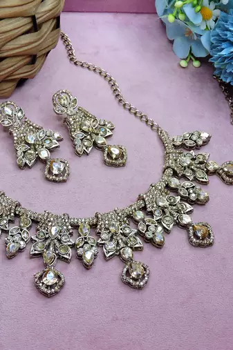 Gold yellow gold premium designer american diamond and stone work necklace set
