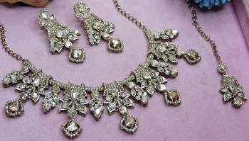 Gold yellow gold premium designer american diamond and stone work necklace set 3