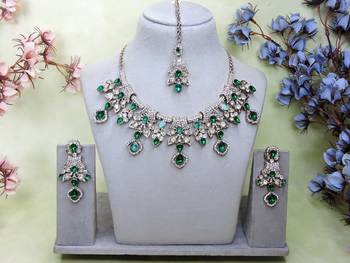 Green yellow gold premium designer american diamond and stone work necklace set 1