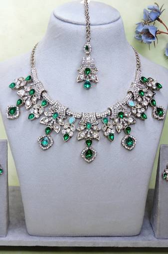 Green yellow gold premium designer american diamond and stone work necklace set
