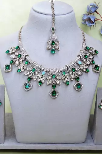 Green yellow gold premium designer american diamond and stone work necklace set