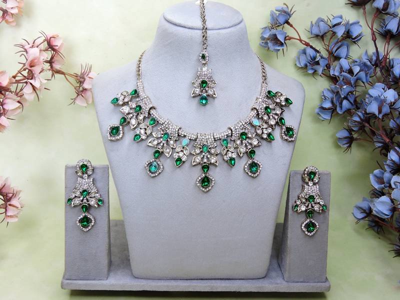Green yellow gold premium designer american diamond and stone work necklace set