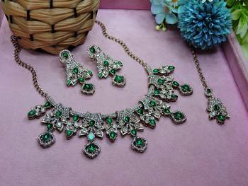 Green yellow gold premium designer american diamond and stone work necklace set 2