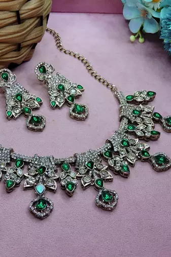 Green yellow gold premium designer american diamond and stone work necklace set