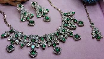 Green yellow gold premium designer american diamond and stone work necklace set 3