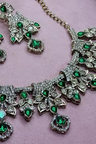 Green yellow gold premium designer american diamond and stone work necklace set