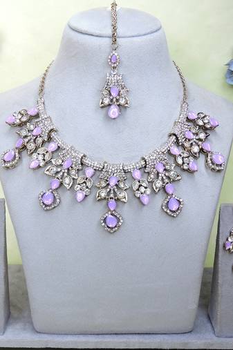 Purple yellow gold premium designer american diamond and stone work necklace set