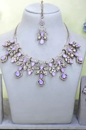 Purple yellow gold premium designer american diamond and stone work necklace set