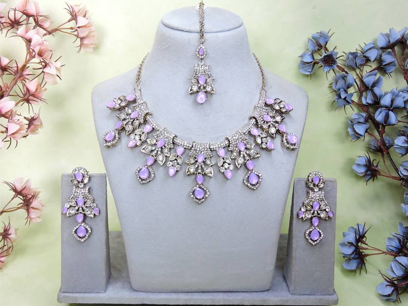 Purple yellow gold premium designer american diamond and stone work necklace set