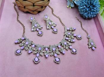 Purple yellow gold premium designer american diamond and stone work necklace set 2