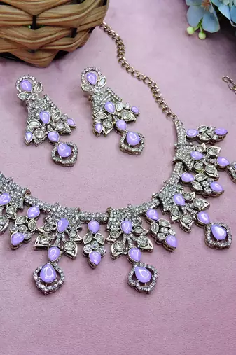 Purple yellow gold premium designer american diamond and stone work necklace set
