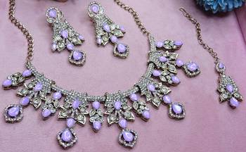 Purple yellow gold premium designer american diamond and stone work necklace set 3