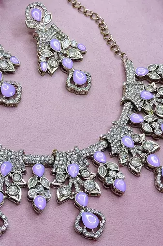 Purple yellow gold premium designer american diamond and stone work necklace set