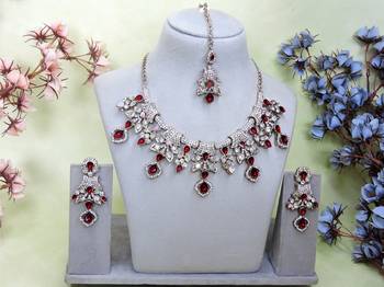 Maroon yellow gold premium designer american diamond and stone work necklace set 1