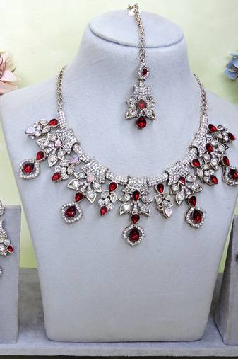 Maroon yellow gold premium designer american diamond and stone work necklace set